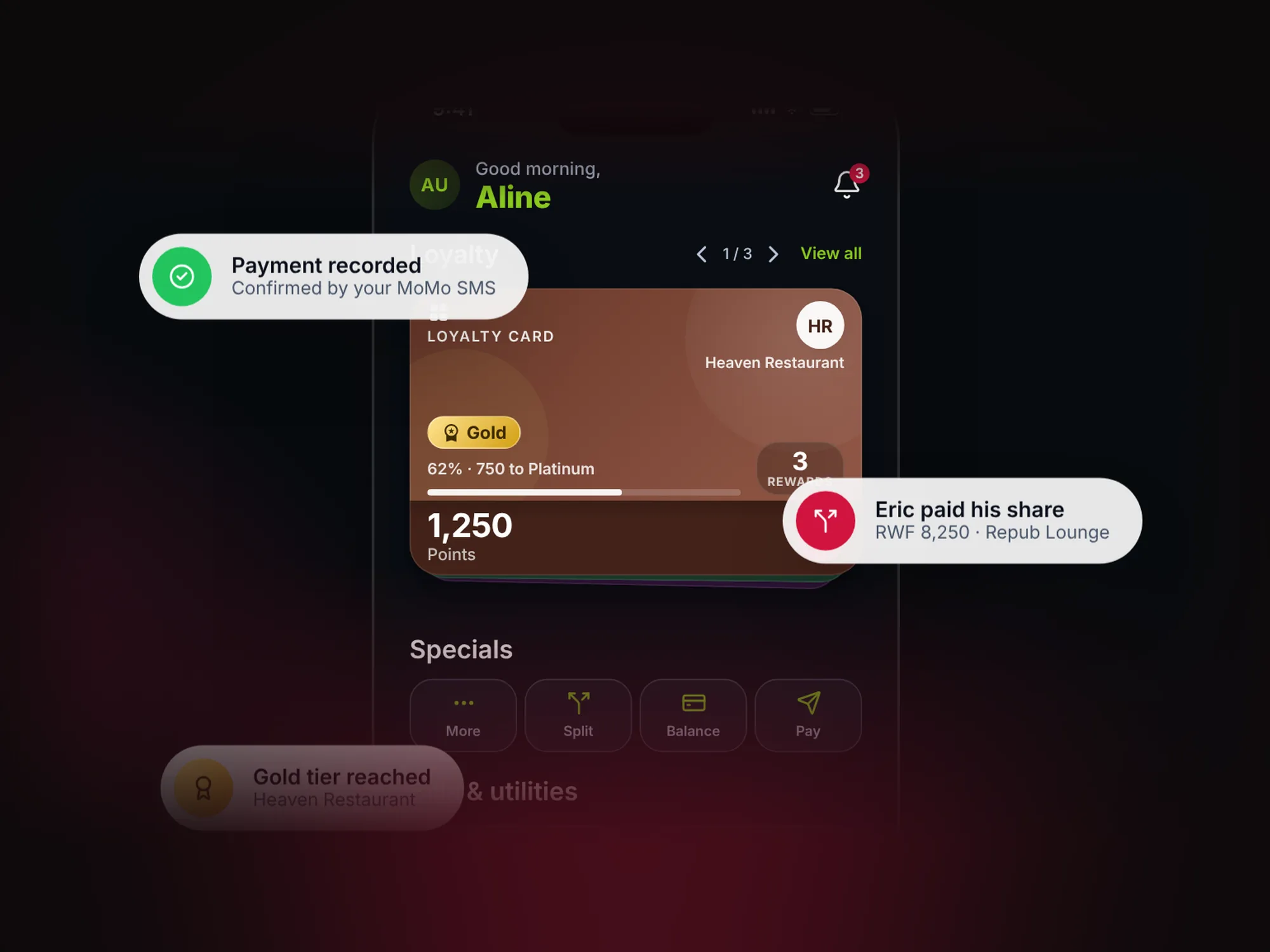 The redesigned Pebla app home screen with a loyalty card, payment shortcuts and notifications