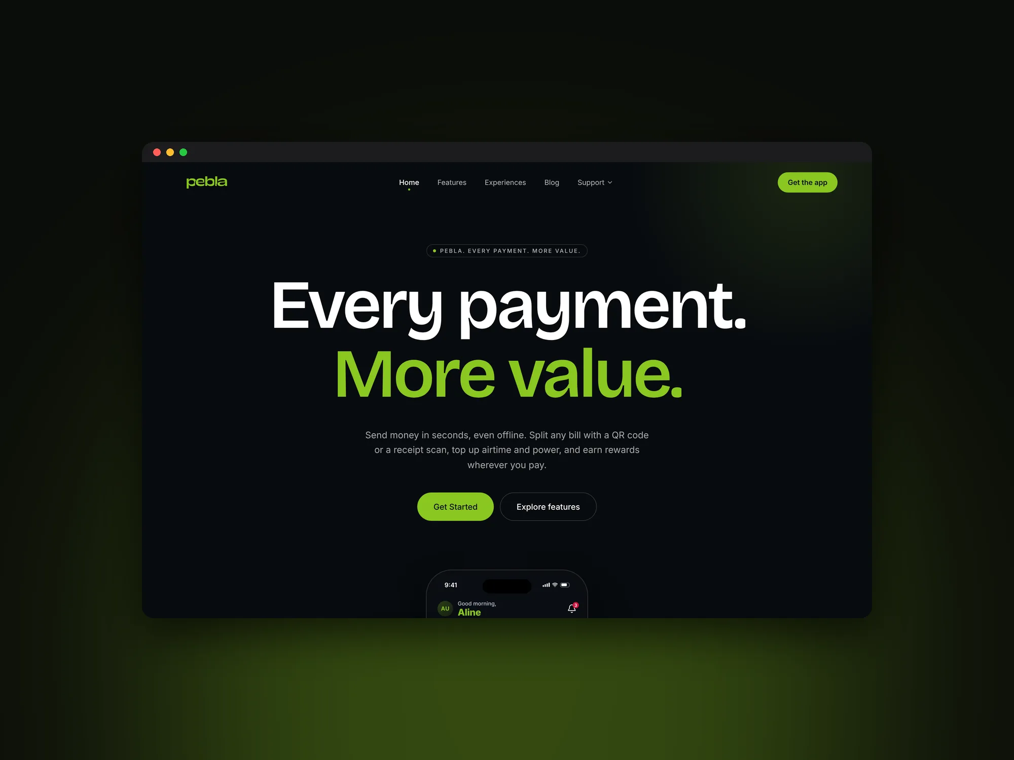 The Pebla website hero: Every payment. More value.
